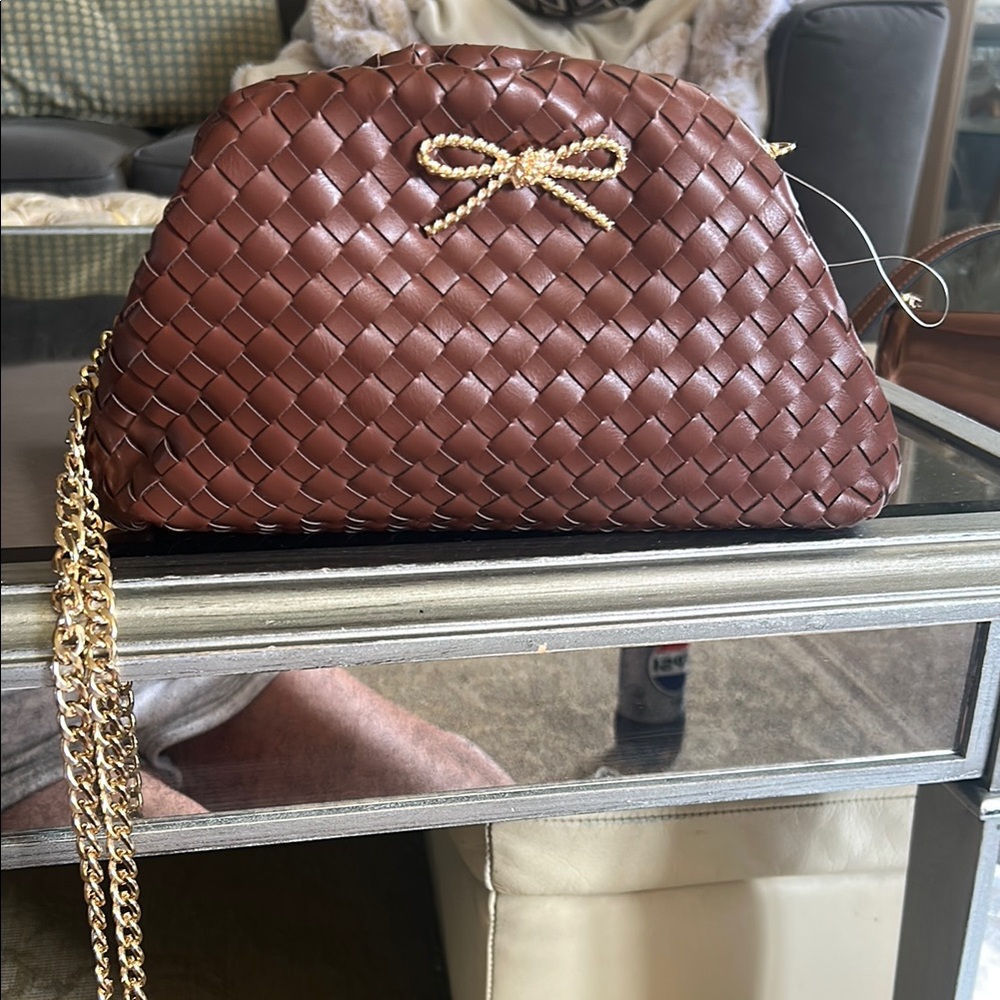 Anthropologie Brown Gold Crossbody Bag with Woven Design